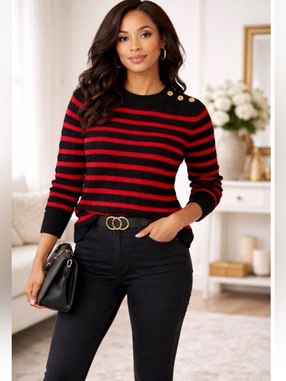 Lauren Ralph Lauren Classic Stripped Cable Knit Sweater Red Black Petite Small